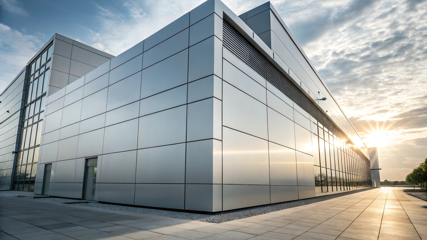 modern industrial building with aluminum facade panels, sleek architectural design under sunrise light