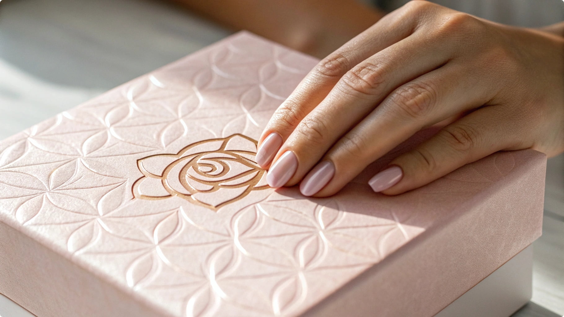 hand touching embossed floral pattern on elegant pink gift box